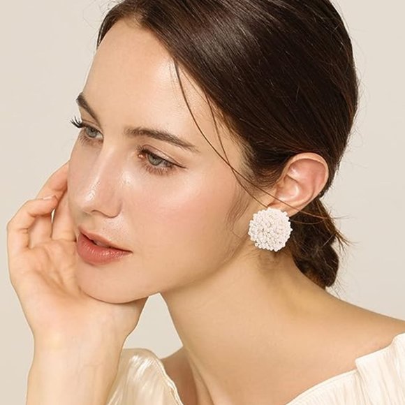 Silver Pom Pom Big Beaded Puff Post Earrings Round Bohemian New - Picture 5 of 6